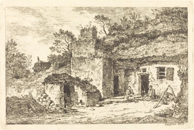 A Cottage with Two Men Seated at the Doorway by Nicolas Perignon