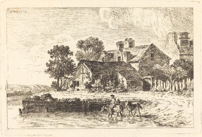 Horses Being Led to Water on a Winding Riverbank by Nicolas Perignon