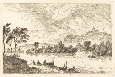 River Landscape with Figures and a Boat at Water