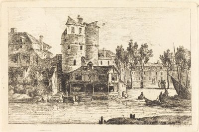 Town on a River Bank with Two Round Towers by Nicolas Perignon