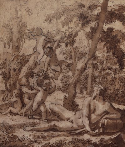 A Wooded Landscape with a River God and Putti by Nicolas Poussin