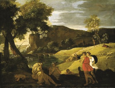 An Arcadian landscape with stories from the legends of Pan and Bacchus by Nicolas Poussin