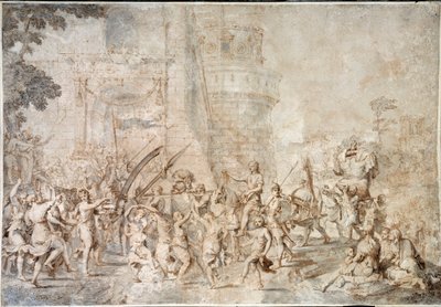 The Triumph of David Bringing Back the Head of Goliath (Drawing by Nicolas Poussin) by Nicolas Poussin