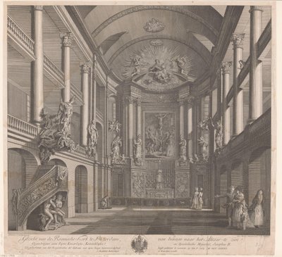 Interior of the Saint Rosalia Church in Rotterdam (title on object: View of the Roman Church in Rotterdam, seen from inside towards the altar) by Nicolas Ransonnette