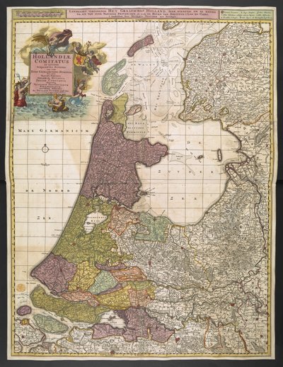 Map of Holland, showing settlements, marshes, woodlands, hills, roads, rivers and other geographical features. Shows title in a decorative cartouche to the upper left with Fame, Neptune and Thetis accompanied by putti bearing the arms of the United Provinc by Nicolas Visscher