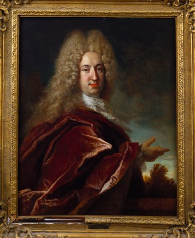 Portrait of a Gentleman, Wearing a Long Wig, Lace Jabot and Burgundy Cloak by Nicolas de Largillière