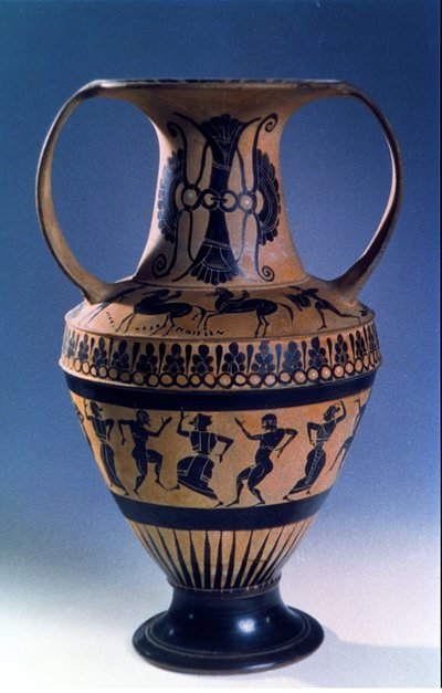 Attic black figure amphora depicting dancers, c.535-38 BC by Nicosthenes