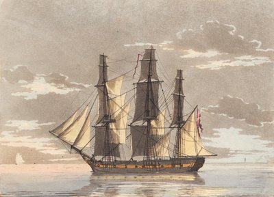 A Danish Frigate with All Sails Set in Calm Sea by Niels Truslew