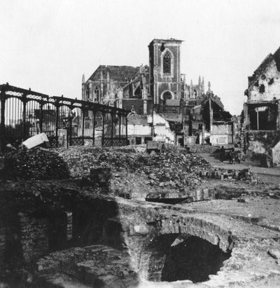 Damaged exterior of the Church of St Vaast, Armentières, France, World War I by Nightingale and Co