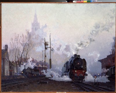 On the Way. Steam locomotives drown the urban landscape in the smoke from their chimneys by Nikolai Dmitrievich Kuznetsov