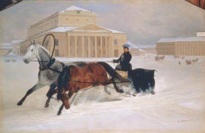 Horse-Drawn Sleigh in Front of the Bolshoi Theater in Moscow by Nikolai Jegorowitsch Swertschkow