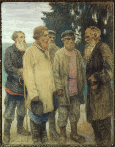 Leo Tolstoy with Peasants / Pastel by Bogdanov-Belsky by Nikolai P. Bogdanow Bjelski