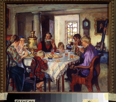 New Homeowners, Large Family at the Table Drinking Tea in Their New House by Nikolai Petrovich Bogdanov Belsky