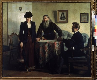 An Admonition. A couple in marital crisis visits an Orthodox priest and receives a moral lesson. Painting by Nikolai Vasilyevich Nevrev (1830-1904) by Nikolai Vasilievich Nevrev