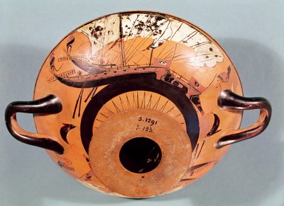 Attic black-figure cup depicting Greek sailing ships, c.520 BC by Nikosthenes