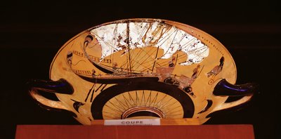 (detail) of the outside of an Attic black-figure cup depicting a Greek sailing ship, c.520 BC by Nikosthenes