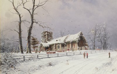 Winter Scene with Figures on a Path near a Church by Nils Hans Christiansen