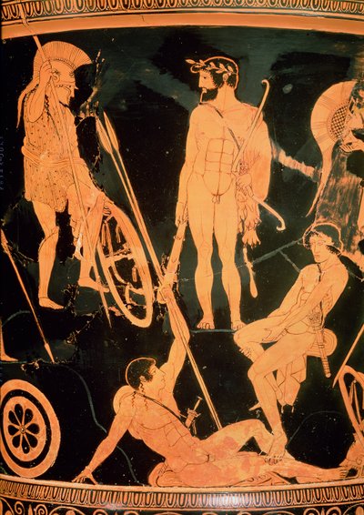 Herakles and Greek heroes, detail from an Attic red-figure calyx-krater, c.490 BC by Niobid Painter