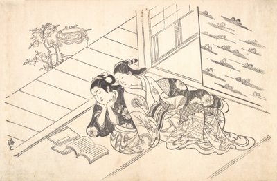 Two Women Reclining on the Floor of a Room and Reading a Book, ca. 1730 by Nishikawa Sukenobu