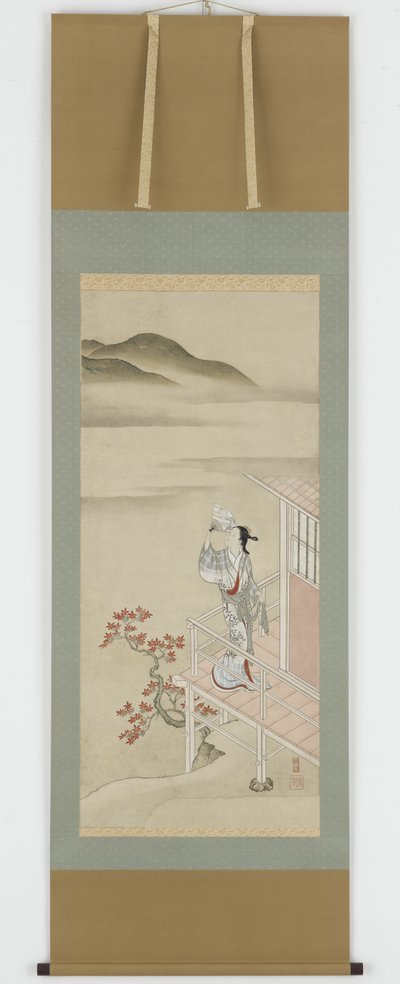 Young Woman with a Fan on a Verandah Admiring Maple by Nishikawa Sukenobu