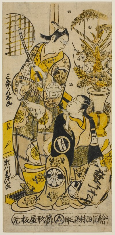 The Actors Segawa Kikujiro I as Oshichi and Sanjo Kantaro II as Kichisaburo in the play Shochikubai Kongen Soga, performed at the Ichimura Theater in the third month, 1732 by Nishimura Shigenobu