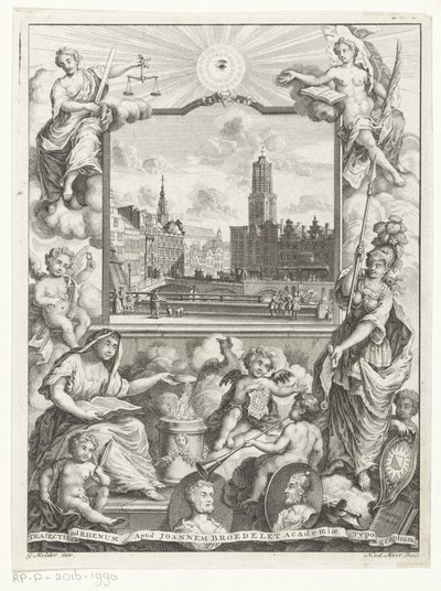 City View with Dom Church in Utrecht and Allegory with Utrecht City Maiden, Title Page for: Elias de Vries, Dissertatio Juridica, de Jure Naturali ac Gentium, seu Duobus Prioribus Juris Fontibus, 1745 by Noach van der Meer (I)