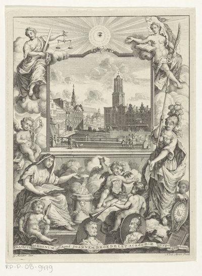 Cityscape with Dom Church in Utrecht and Allegory with Utrecht City Maiden (Title Page for: Elias de Vries, Dissertatio juridica, de jure naturali ac gentium, seu duobus prioribus juris fontibus, 1745) by Noach van der Meer (I)