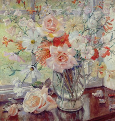 A Still Life of Summer Flowers in a Glass Jug by Nora Lucy Mowbray Cundell
