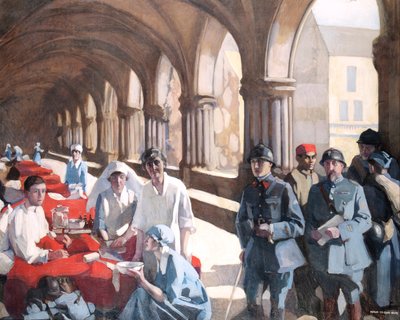 In The Cloister of the Abbaye at Royaumont. Dr. Frances Ivens inspecting a French patient by Norah Neilson Gray