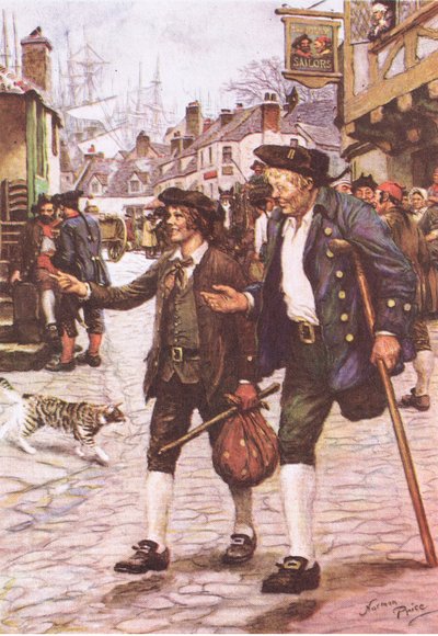 Jim and Long John Silver in Bristol, from Treasure Island published by MacDonald 1947 by Norman Mills Price