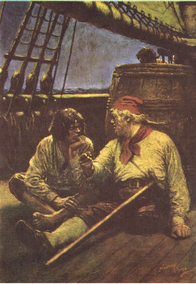 The barrel shook as he leaned his shoulder against it, from Treasure Island published by MacDonald 1947 by Norman Mills Price