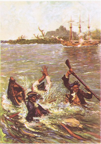 The boat sank by the stern in three feet of water, from Treasure Island published by MacDonald 1947 by Norman Mills Price