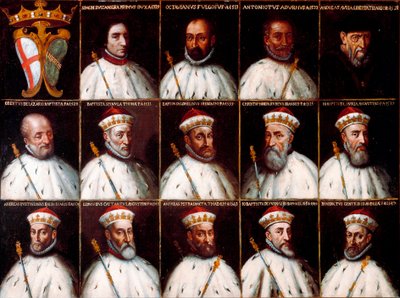 Coat of Arms of the Republic of Genoa and Portraits of the Doges - Simone Boccanegra, Ottaviano Fregoso, Antoniotto II Adorno, Andrea Doria, Oberto Cattaneo Lazzari, Battista Spinola, Battista Lomellini, Cristoforo Grilaldi Rosso, Giovanni Battista Doria by Northern Italian School