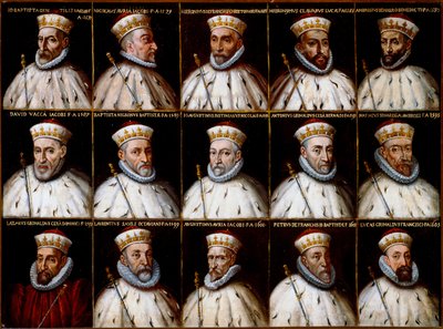 Coat of arms of the Republic of Genoa and portraits of the Doges. Gio. Battista Gentile Pignolo, Nicolò Doria, Gerolamo De Franchi Toso, Gerolamo Chiavari, Ambrogio Di Negro, Davide Vacca (or Vaccari), Battista Negrone, Gio Giustiniani Campi, Antonio Grima by Northern Italian School
