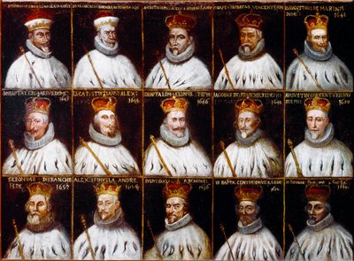 Coat of arms of the Republic of Genoa and portraits of the Doges. Giovanni Stefano Doria, Francesco Gio. Brignole Sale, Agostino Pallavicini, Giov.Battista Durazzo, Agostino Giovanni De Marini, Giovan Battista Lercari, Luca Giustiniani, Giovanni Battista L by Northern Italian School