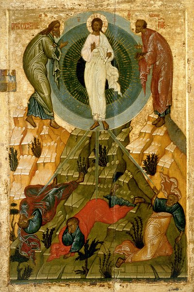 The Transfiguration of Our Lord, Russian Icon from the Holy Theotokos Dormition Church on the Volotovo Field near Novgorod by Novgorod School