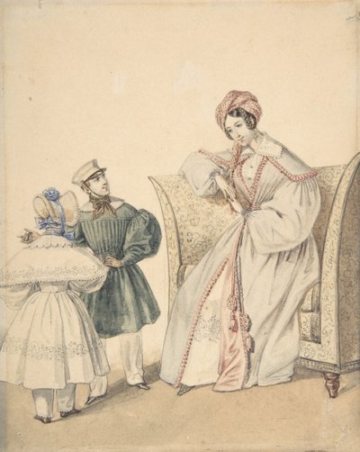 Fashion Drawing with a Woman Seated in a Chair with a Boy and Girl by Numa Bassaget