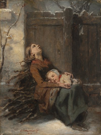 Destitute Dead Mother holding her sleeping Child in Winter by Octave Tassaert