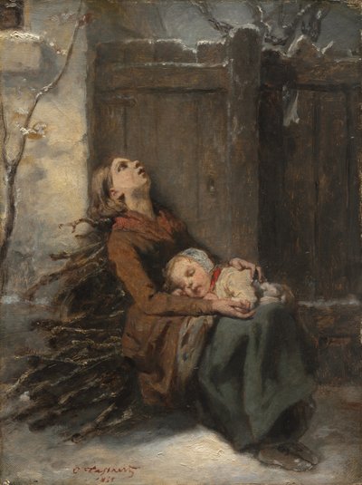 Destitute Dead Mother holding her sleeping Child in Winter by Octave Tassaert