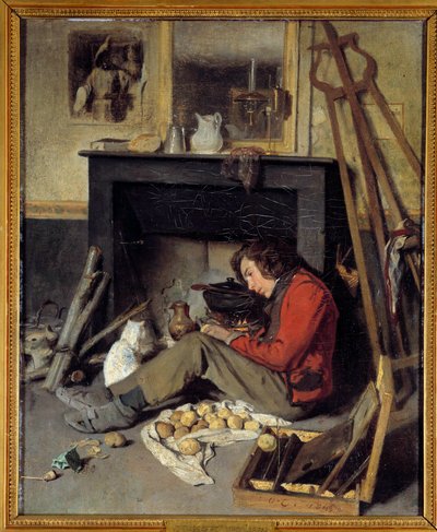 Workshop Interior. A Painter Near His Fireplace. Painting by Octave Tassaert (1800-1874), 1845 by Octave Tassaert