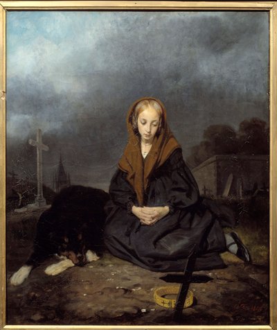 Young girl at the cemetery. Painting by Octave Tassaert (1800-1874) 1840 by Octave Tassaert