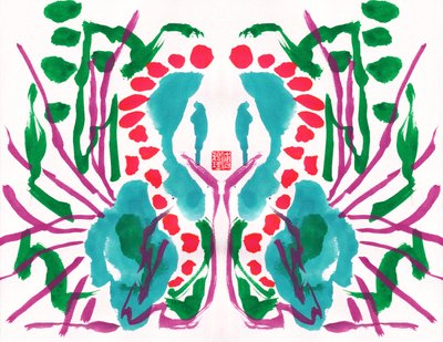 Peacock Green Red Floral Pattern by Odilia W. Y. Fu