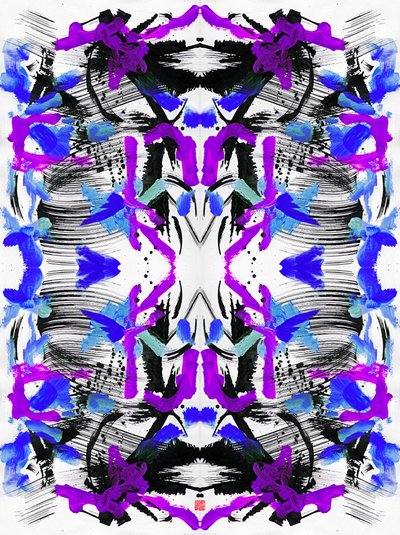 Zen Ink Blue Purple Floral Pattern by Odilia W. Y. Fu