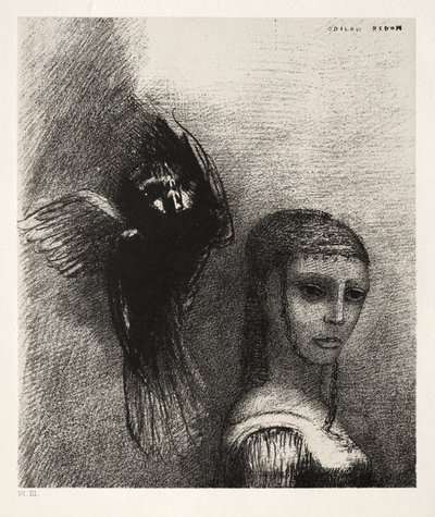 And a Large Bird, Descending from the Sky, Hurls Itself against the Topmost Point of Her Hair by Odilon Redon