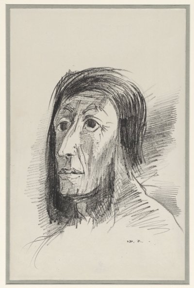 Head Framed by Black Hair with Wide Open Eyes by Odilon Redon