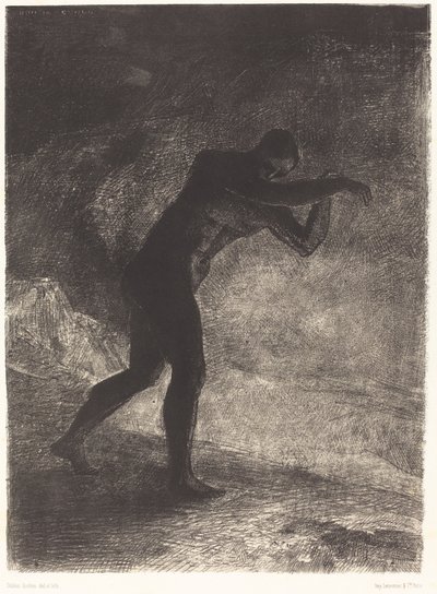 And Man appeared; questioning the earth from which he emerged and which attracts him, he made his way toward somber brightness by Odilon Redon