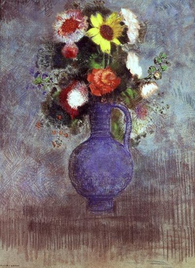 Still life of flowers in a blue vase by Odilon Redon