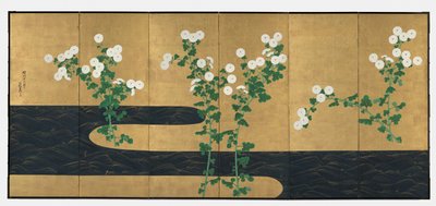 Chrysanthemums by a Stream, pair of six-panel folding screens by Ogata (follower of) Korin