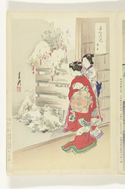 Snowy Garden Comparisons between Beauties and Flowers (series title) Bijin hana kurabe (series title on object) by Ogata Gekko