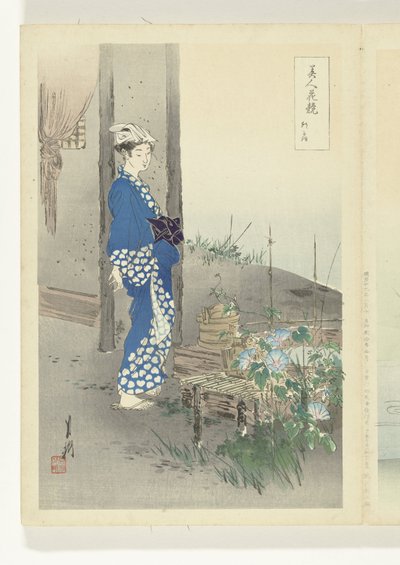 Poetess Kaga no Chiyo (title on object: Comparisons Between Beauties and Flowers, Bijin hana kurabe) by Ogata Gekko